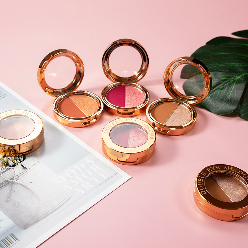 Maquillaje transfronterizo, sombra de ojos de dos colores, combinación de acabado nacarado en uno, paleta de sombras de ojos en polvo delicada y no voladora, multiusos