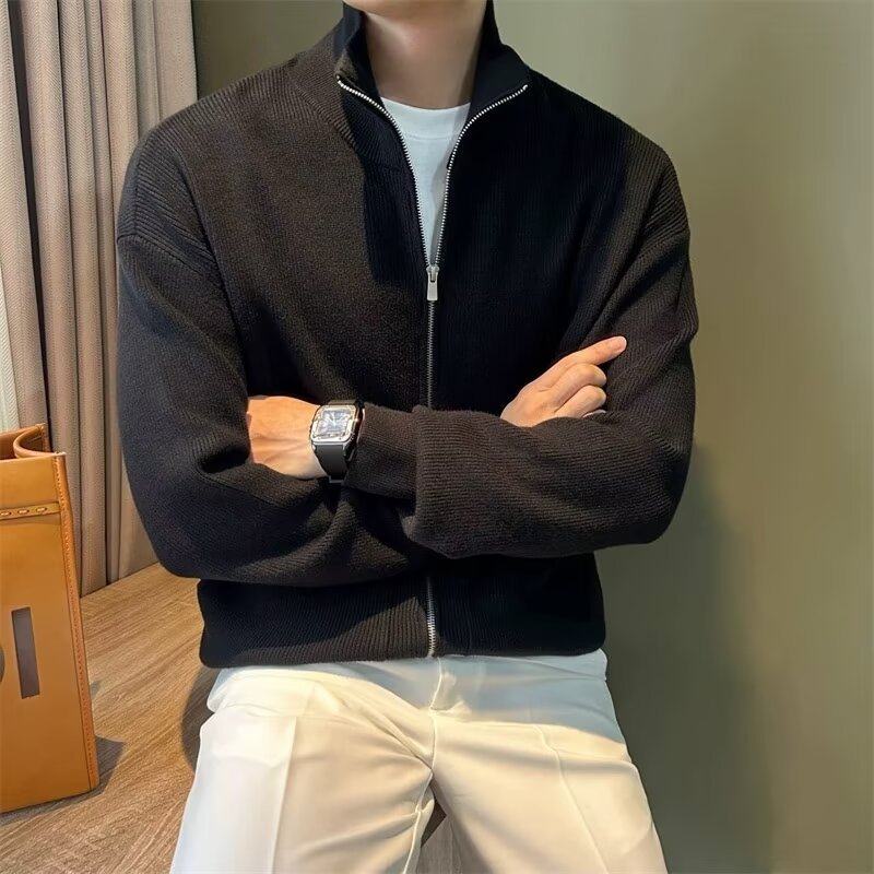 Cardigan in maglia slim fit con cerniera da uomo - Giacca in maglia con collo alto in tinta unita per autunno e inverno, capospalla casual_voghion.com