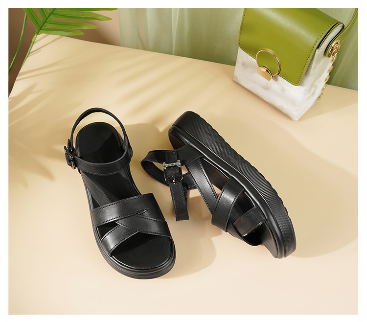 Dép sandal nữ quai ngang đế xốp mềm da thật phong cách La Mã — Màu đen chi tiết 25