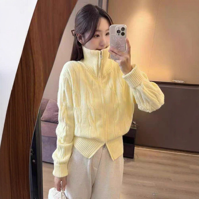 Korean Style Lazy Style Loose Twist Stand Collar Double Zipper Warm Sweater Women's Winter Slimming Look Pure Color Versatile Top
