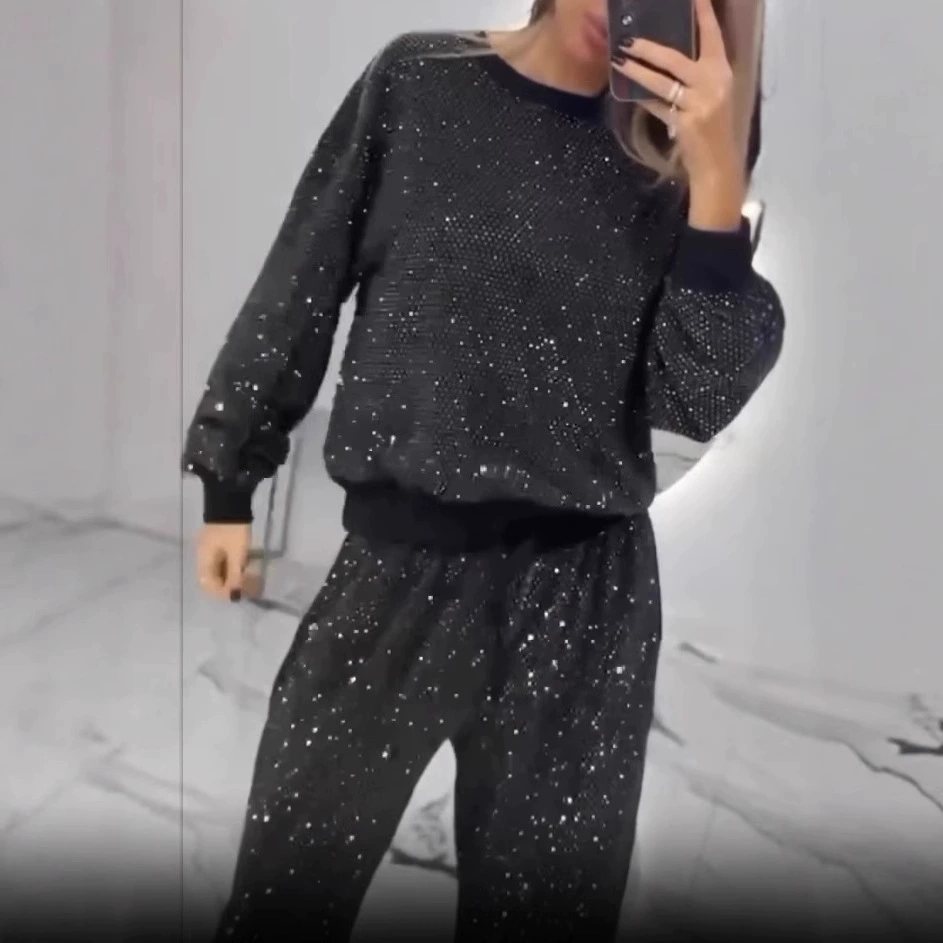 Европейская и американская трансграничная осенне-зимняя популярная женская одежда звездное небо звездное небо с длинными рукавами и круглым вырезом, свободный топ на шнурке, широкий комплект из двух предметов
