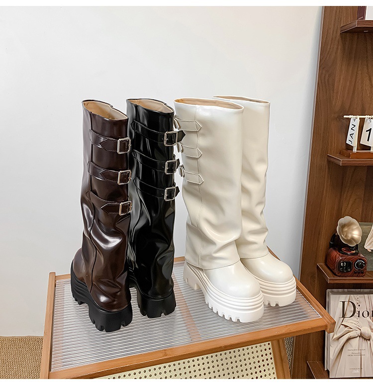 Boot nữ cổ cao ôm bắp chân da thật đế dày tăng chiều cao 15cm gót chunky — Lớp lót đơn màu trắng nhạt 12cm, Lớp lót đơn màu nâu 15cm, Màu đen đơn 12cm, Lớp lót nhung màu nâu 12cm chi tiết 21