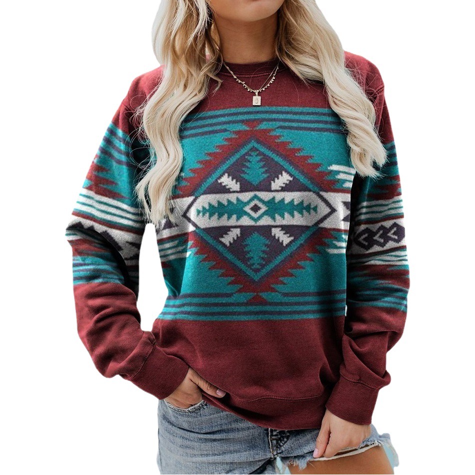 2021 el comercio exterior europeo y americano nueva ropa de mujer retro occidental étnico estampado geométrico suéter de mujer 6907