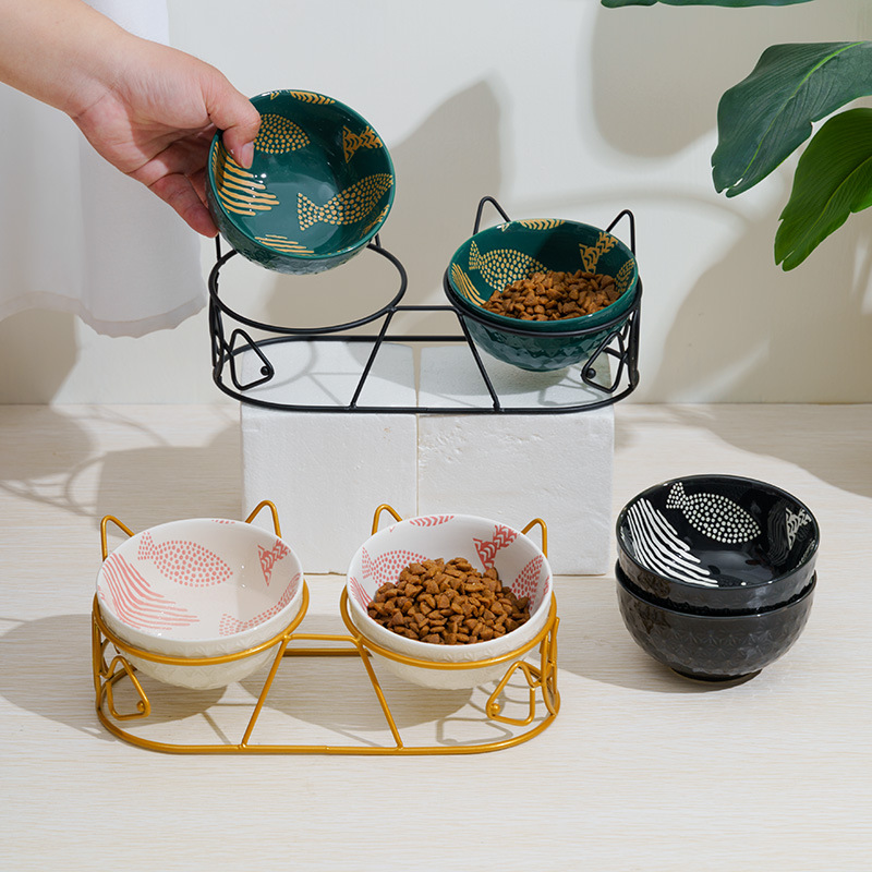 Pet gato tazón de cerámica doble tazón de protección columna cervical fijo inclinación antidetonante gato perro tazón de comida tazón de arroz tazón de comida para gatos tazón de agua