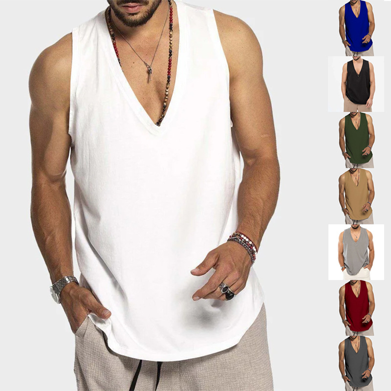 Camiseta sin Mangas Casual de Color Sólido para Hombre de Algodón para Verano