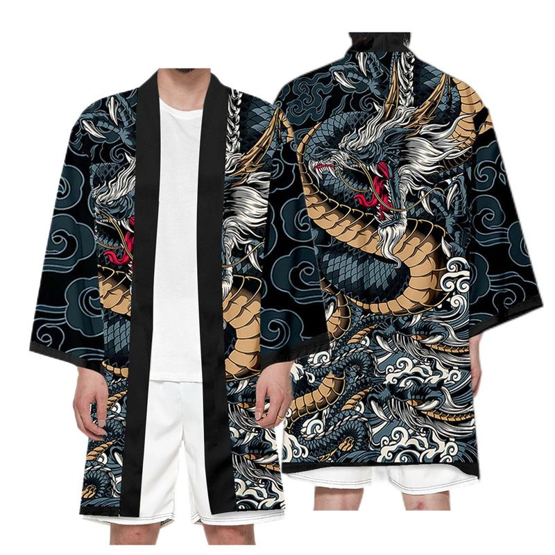 Foreign trade Amazon national fashion floating world painting Longteng picture cos peripheral cardigan kimono feather woven cloak robe digital printing