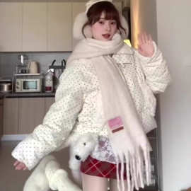 韩系设计波点棉服毛领冬季甜美新款加厚宽松棉袄短款外套面包