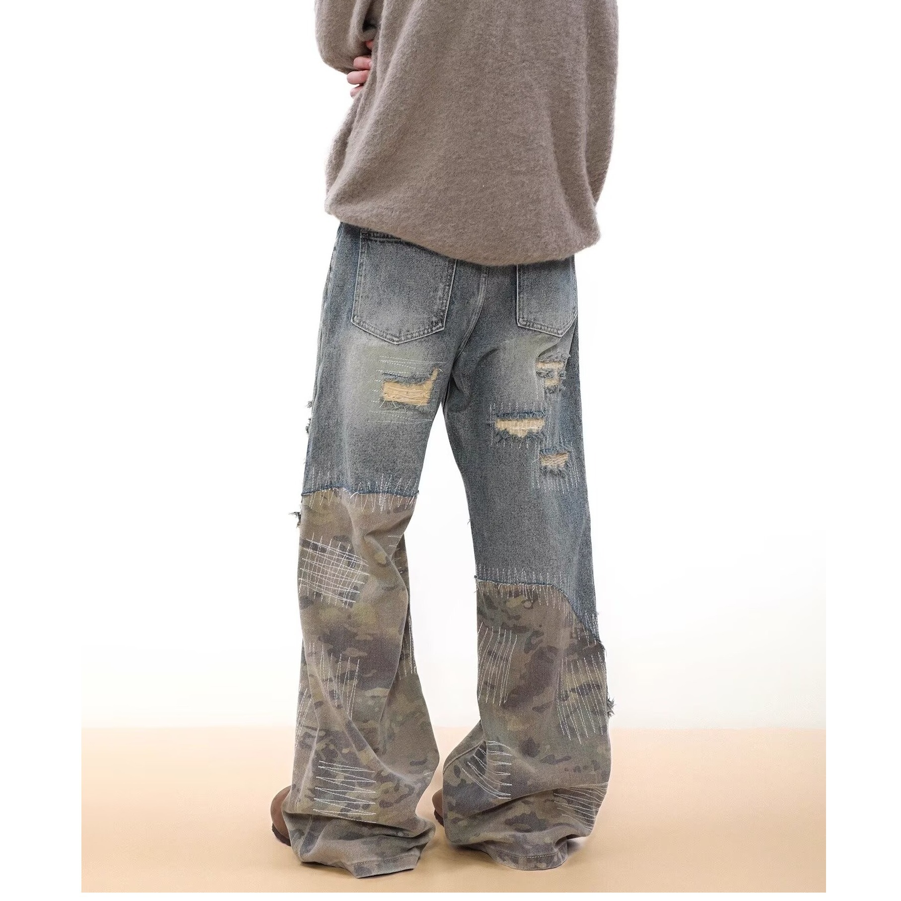 Pantaloni estivi da uomo, patchwork mimetico, denim blu, stile americano, jeans vintage lavati e resistenti, effetto invecchiato._voghion.com