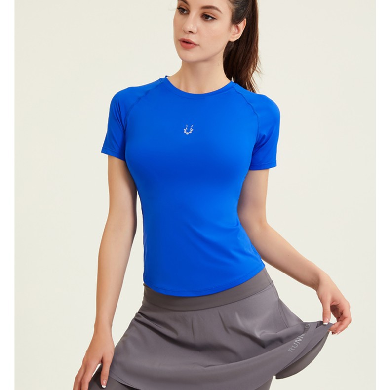 Ropa de ejercicios desnuda para mujeres delgada helada de cuello redondo con mangas de hombro para correr camiseta deportiva delgada ropa de yoga roja en línea