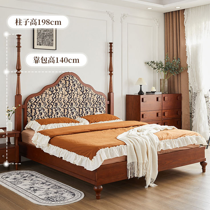 Cama de madera maciza de cera blanca de Danvas, cama de madera maciza de estilo antiguo, cama doble principal, cama de aire retrógrada americana y francesa de alta gama