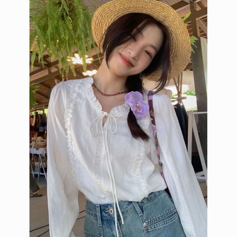 Stylish French Lace-Up 2026 Autumn Lace Collar White Shirt for Petite Women, Unique and Gentle Style Blouse for Women