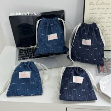 韩式牛仔蝴蝶结布艺束口袋抽绳礼物袋 迷你随身旅行补妆袋收纳包