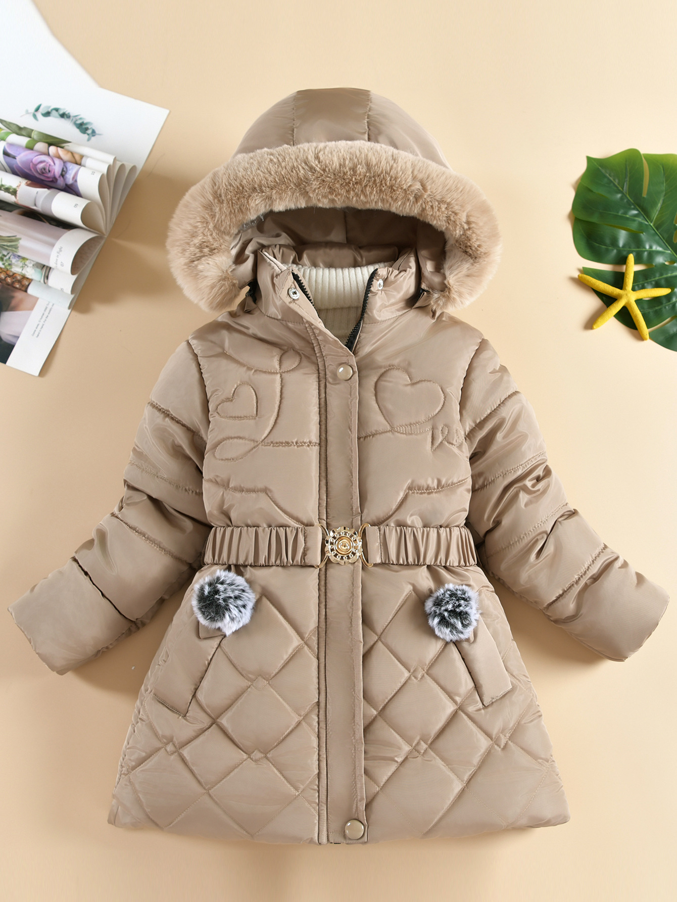 Winter Korean Style Girls' Mid Length Cotton Padded Jacket Western Style Heart Shaped Rhombus Pattern Cotton Padded Jacket With Fur Collar_voghion.com