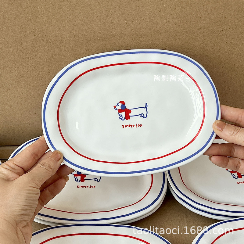 Korean Ins-Style Cartoon Oval Breakfast Plate Dessert Plate with Lines, Dachshund Dog, Butter, Western-Style Pasta, Cake Plate Korean Ins-Style Cartoon Oval Breakfast Plate Dessert Plate with Lines, Dachshund Dog, Butter, Western-Style Pasta, Cake Plate