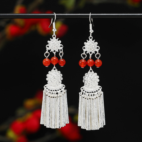 New Chinese style national style Miao silver earrings original niche retro aventurine earrings long tassel ethnic style earrings for women