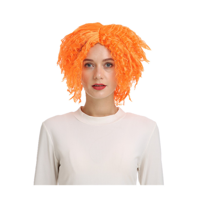 欧美假发女亮橘色短发蓬松玉米烫蛋卷短卷发泡面头中分橙色假发套|ru