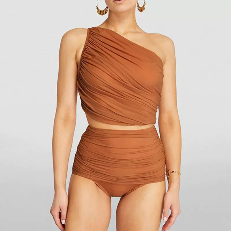 2023欧美新款比基尼单肩网纱拼接法式复古分体泳衣套装女跨境