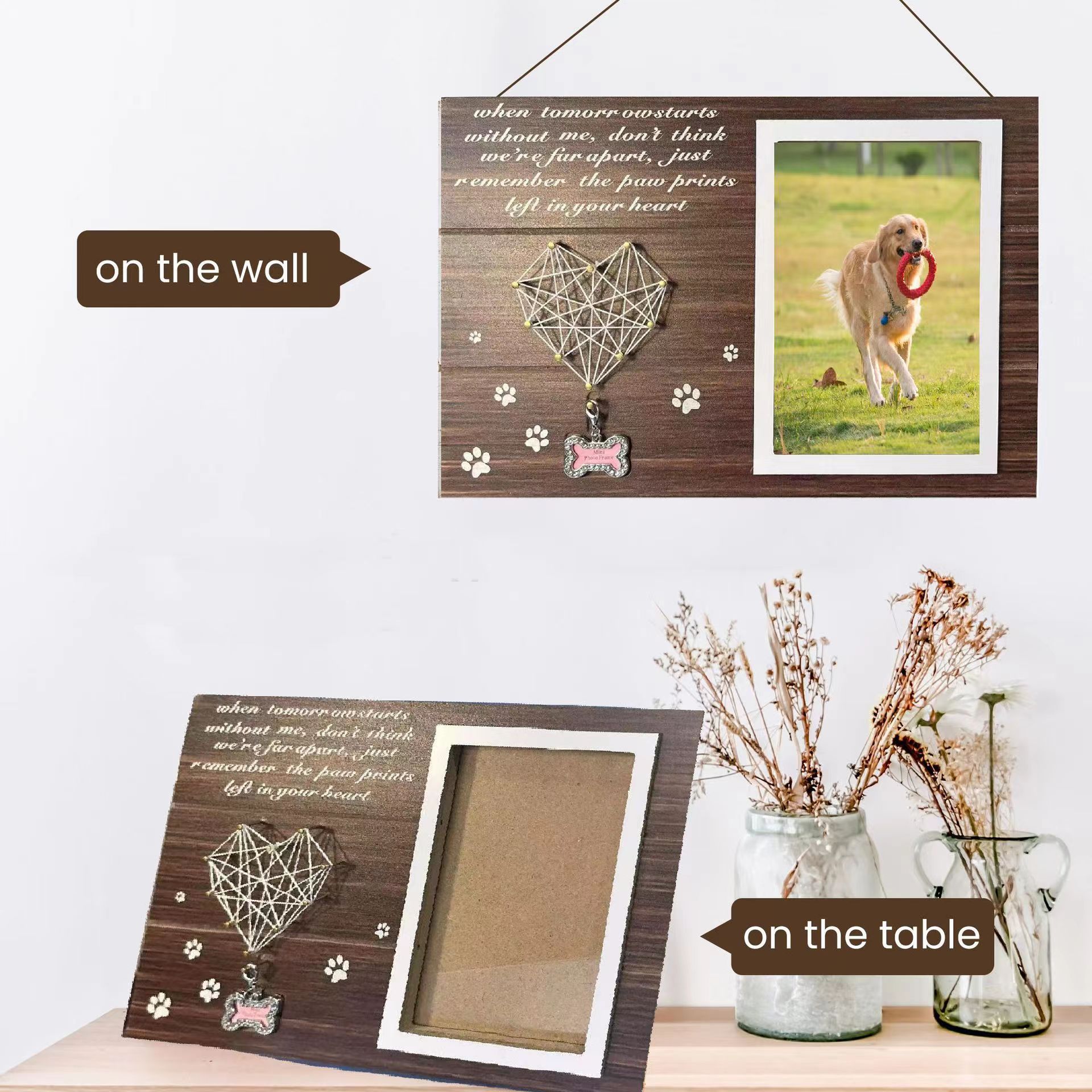 En stock de madera para mascotas marco de fotos Mesa creativa mascota perro colgante Marco de Fotos Perro pies sinuoso conmemorativo
