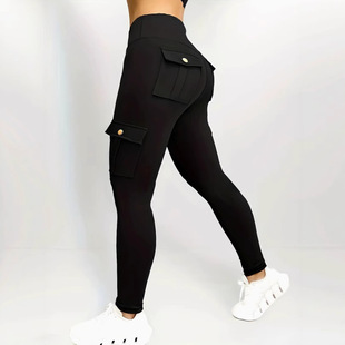 Cross-Border Solid Color Butt-Lifting Yoga Leggings with Pockets Running Sports Leggings Spring and Summer Women's Cargo Pants