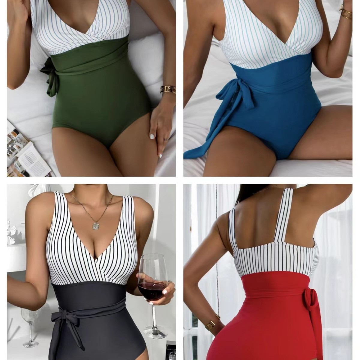 2022 bikini European and American new one-piece deep V strap contrast color belly covering chest bikini beach swimsuit for women