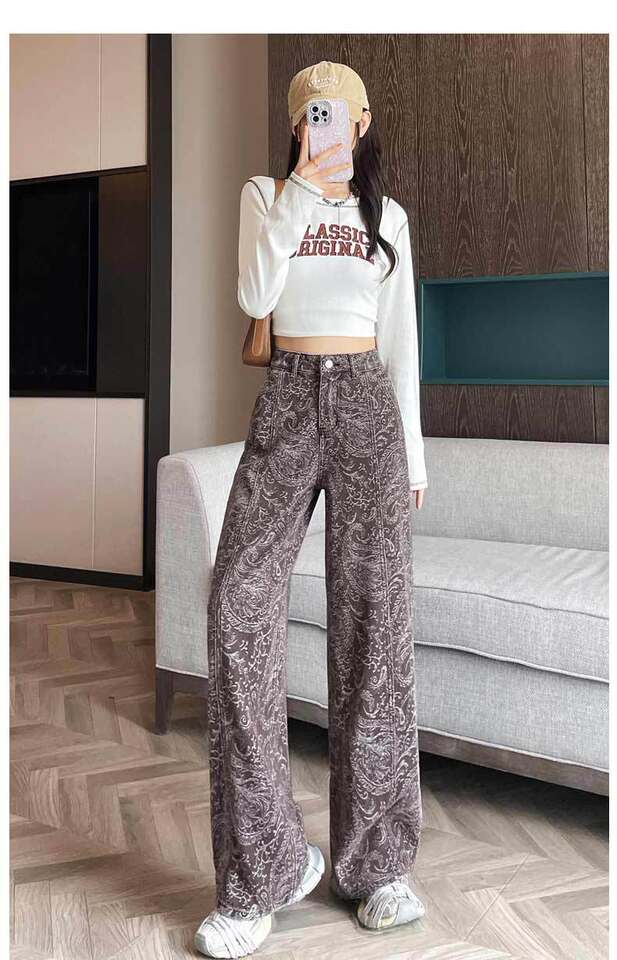 Quần jean ống rộng nữ in họa tiết, lưng cao, form suông dài — màu nâu, màu xanh chi tiết 21