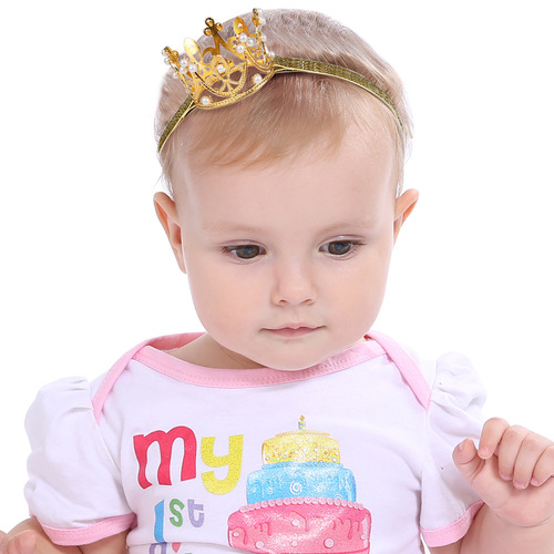 Wholesale European and American children's headwear, baby pearl crown, gold and silver alloy birthday headband, elastic smart band, crown hairband