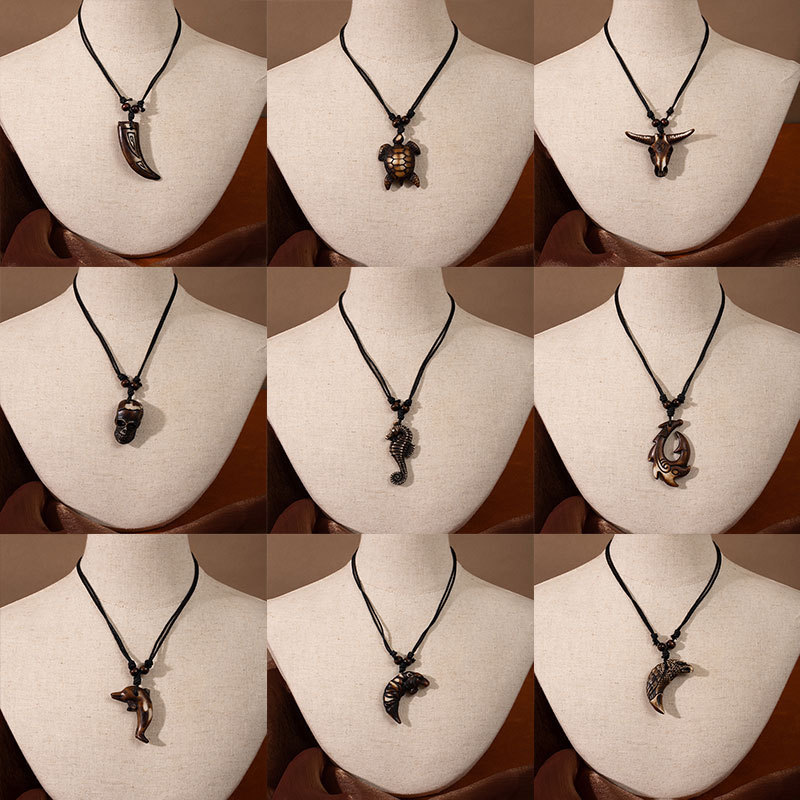 New Zealand Tribal Ethnic Style Resin Necklace Maori Fish Hook Imitation Bone Pendant Sweater Chain Scenic Spot Travel Accessories