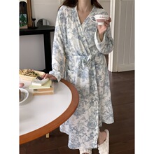 跨境专供外贸女士新秋季chic温柔风韩系水墨花甜美家居服睡袍浴袍