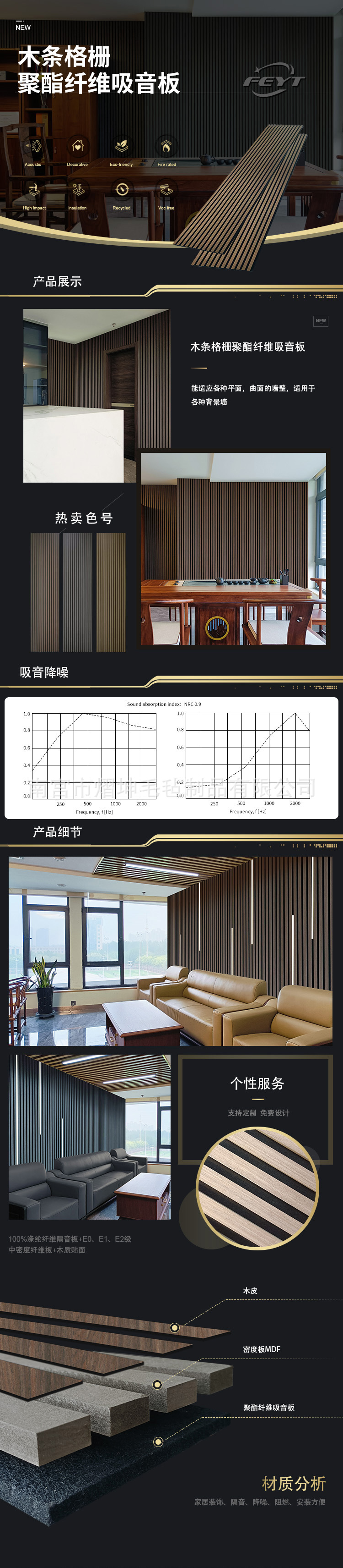 木条格栅吸音板聚酯纤维吸音板环保降噪背景墙装饰板可弯曲隔音板-阿里巴巴