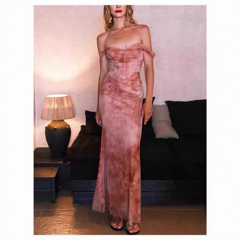 Sexy Swung Collar Mesh One-Shoulder Waist Slimming Look Dress Women's 2025 Autumn and Winter Evening Dress Fishtail Mid-Term