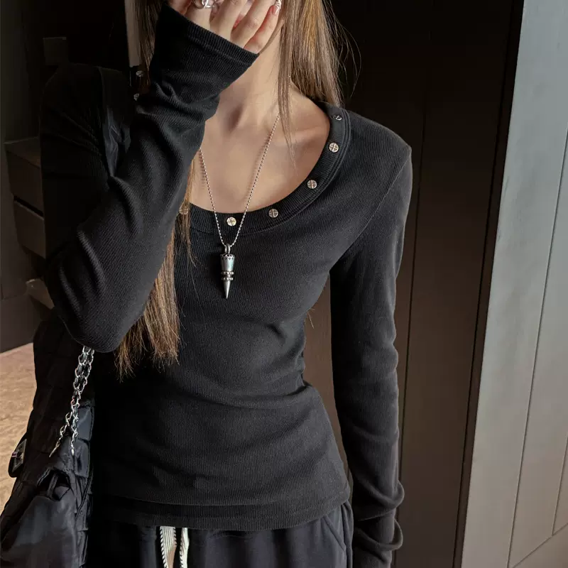 秋冬季大圆领铆钉长袖正肩打底衫女内搭可外穿t恤修身高级感上衣