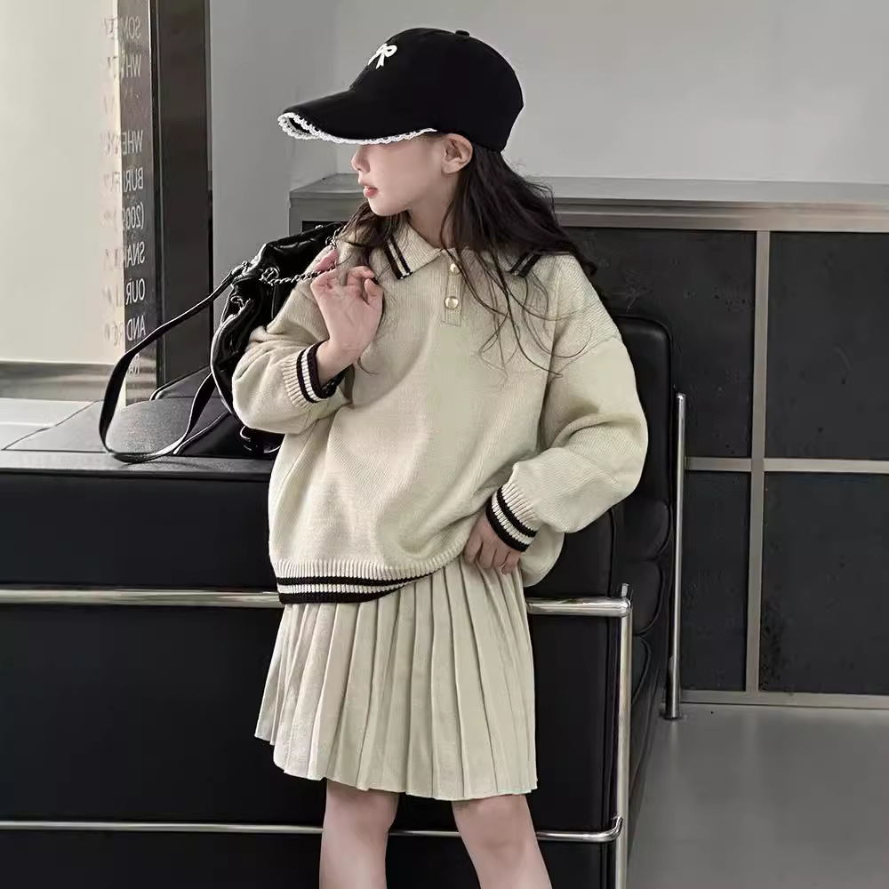 소녀 스웨터 봄과 가을 2024 새로운 어린이 대학 스타일 폴로 칼라 니트 탑 어린이 스커트 투피스 세트