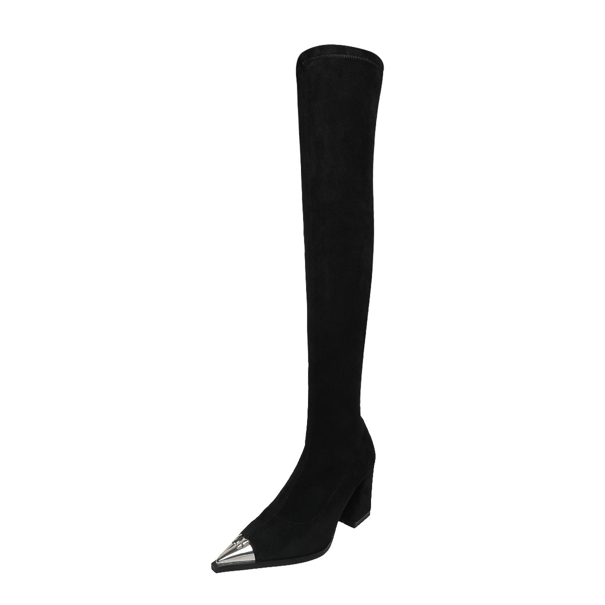 Boot nữ cổ cao quá gối da lộn mũi nhọn kim loại gót 8cm miệng chữ V — Lớp lót da lộn màu đen