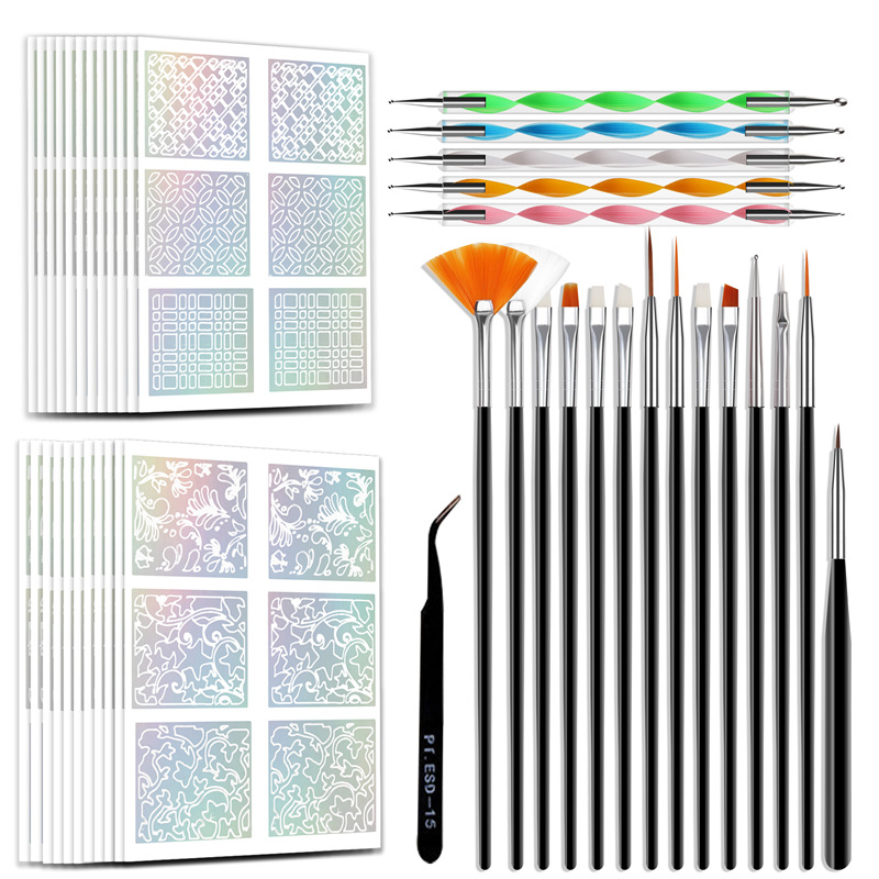Transfronterizo Venta caliente herramientas de uñas traje 15 color pintura bolígrafos 5 pivote taladro bolígrafos 24 láser hueco pegatinas traje