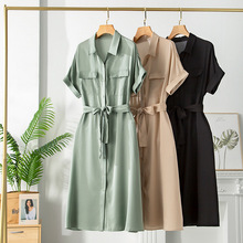 2025夏季款真丝桑蚕丝连衣裙女简约翻领气质收腰大码中长款A字裙