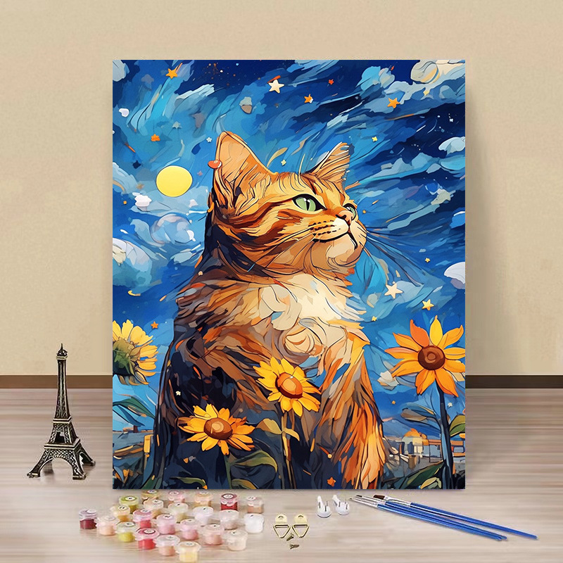 Pintura por números “Gato Estrellado” — arte DIY de fábrica al por mayor, estilo Van Gogh, flores y paisajes hechos a mano