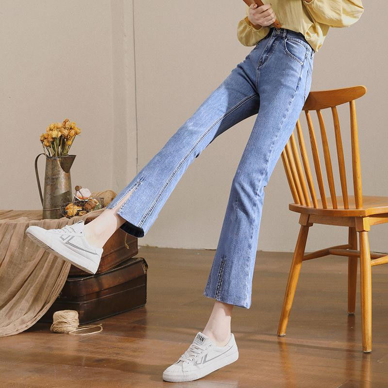 horn Jeans Weila Paige Self cultivation 2022 Spring Split ends Show thin Nine points Bell-bottoms Versatile