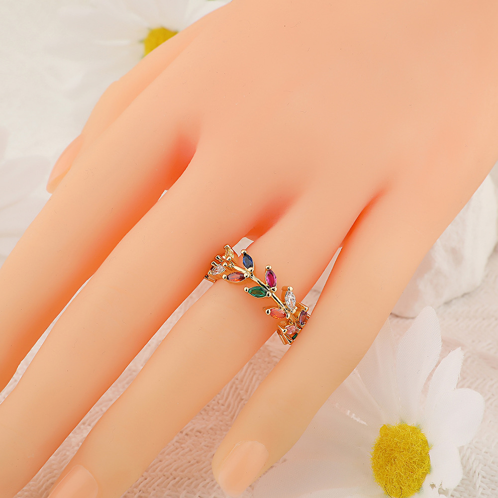 Sweet Leaf Copper Plating Zircon Open Ring 1 Piece