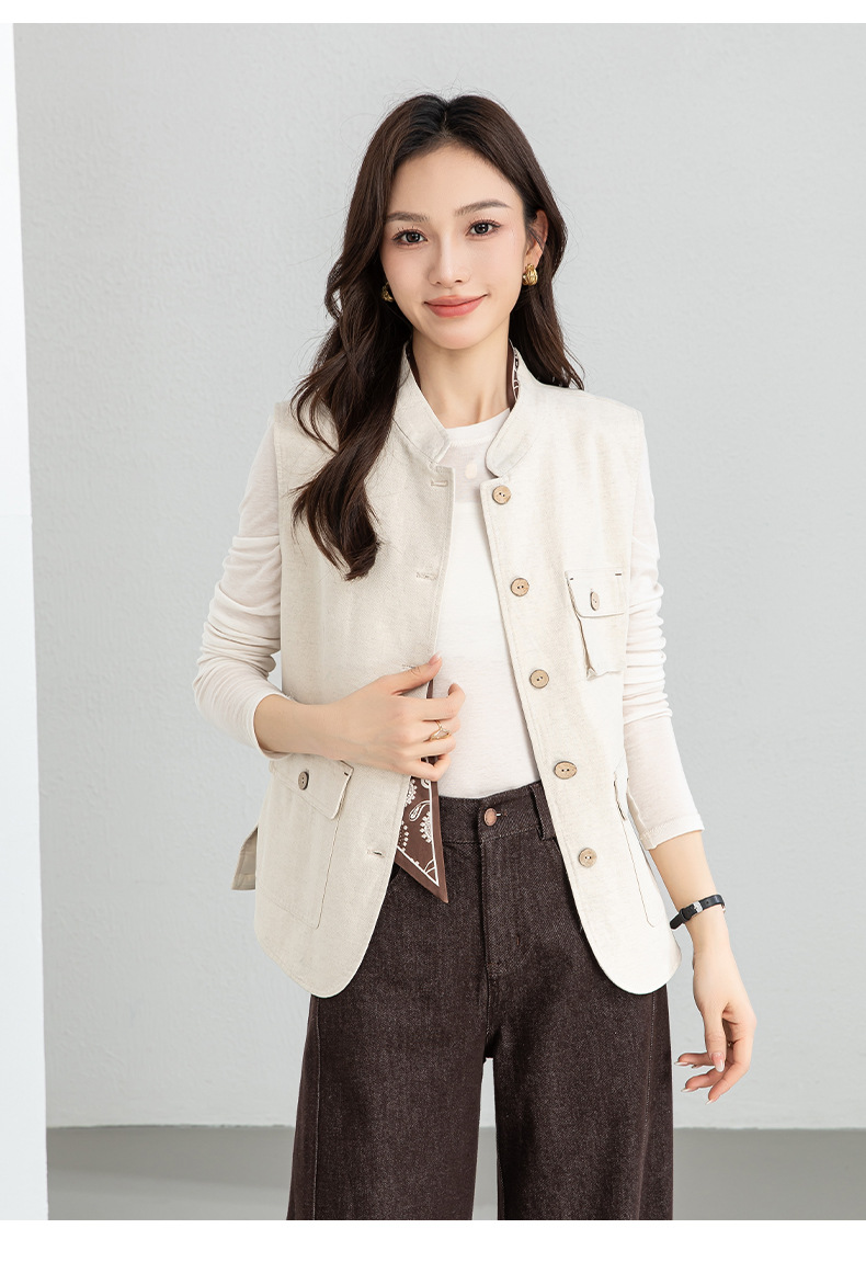 Áo gile nữ phong cách Nhật cổ điển chất liệu cotton pha lanh, dáng không tay, thiết kế layer độc đáo — màu sắc chi tiết 22