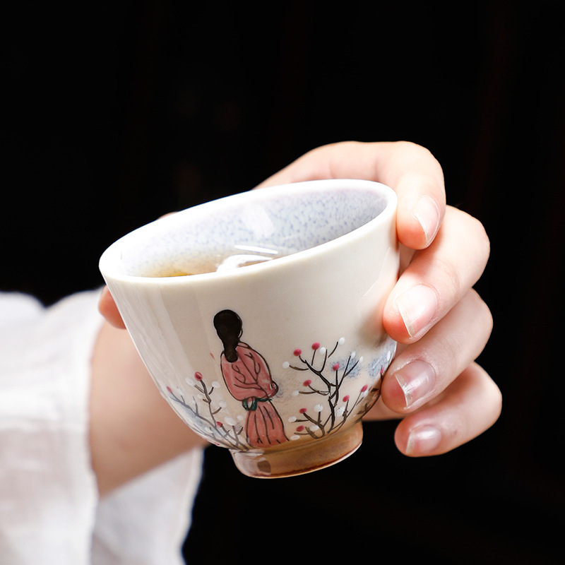 窑变手绘陶瓷品茗杯个人家用仿古纯手工功夫茶杯主人小单杯建盏