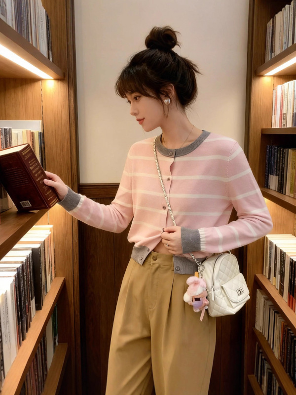 韩系撞色条纹短款针织开衫女2025新款早秋季氛围感穿搭外套上衣|undefined