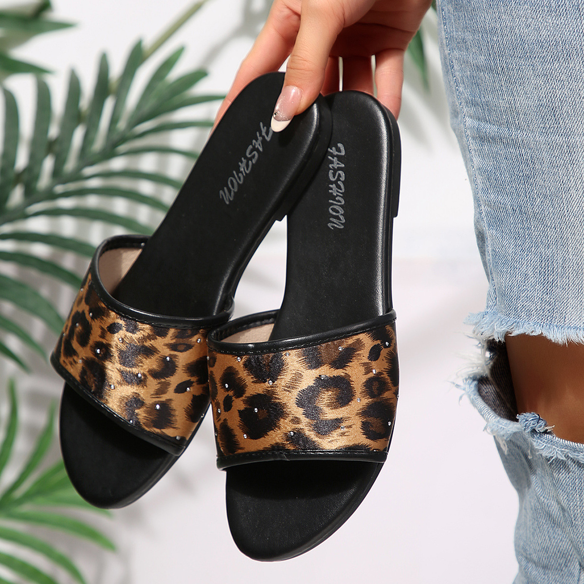 Sandalias Planas de Leopardo para Mujer de Cuero Sintético, Cómodas, para Uso Casual