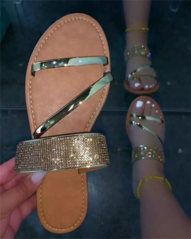 Summer Flat Sandals For Women With Rhinestones Plus Size 36-43 European American Style Women's Footwear_vogvips.com