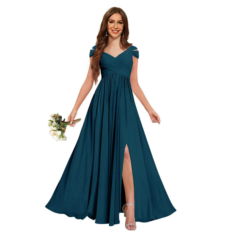 European and American Cross-Border Off-Shoulder Long Tulle Dress with Cross-Waist Design and Slit Hem, 2026 New Model Bridesmaid Performance Banquet Gown