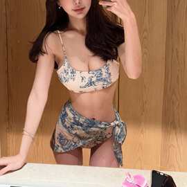 2025欧美分体比基尼三件套跨境亚马逊性感碎花裹裙沙滩bikini泳衣