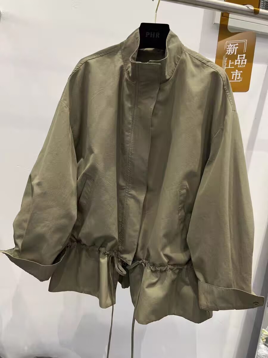 ng2510292 European Style 2026 Spring New Stand Collar Zipper Drawstring Fashionable Loose Casual Mid-Length Trench Coat Women's_ecoleips.com