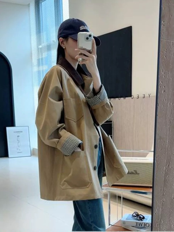 韩系撞色拼接中长款单排扣风衣女2025春秋新款宽松休闲显瘦外套|undefined