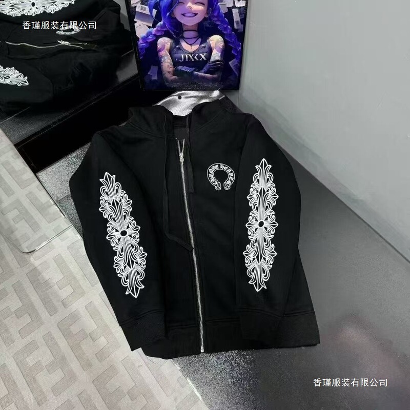 High-neck cardigan hoodie, available in stock, trendy brand, loose-fit zip-up jacket, cross and animal designs, with tags