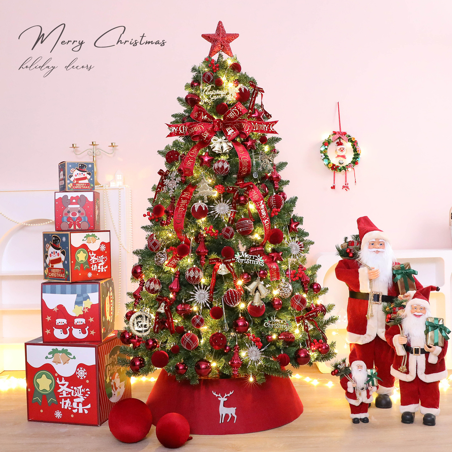 Nuevo conjunto de árbol de Navidad de simulación de vino rojo ins viento navideño hogar decoración a gran escala con el mismo estilo