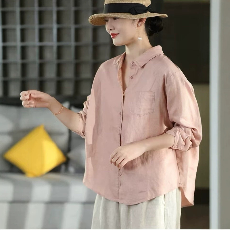 2026 Autumn New Artistic Style Embroidered Collar Pure Linen Long Sleeve Shirt Loose Solid Color Women's Fashion Blouse